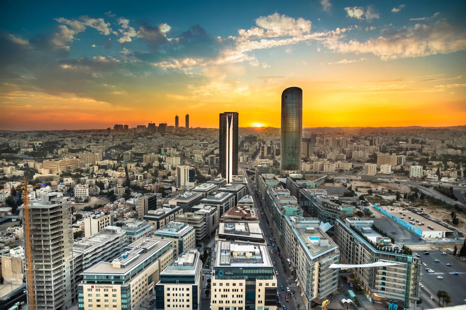 Amman's Abdali district and skyline at sunset in Jordan