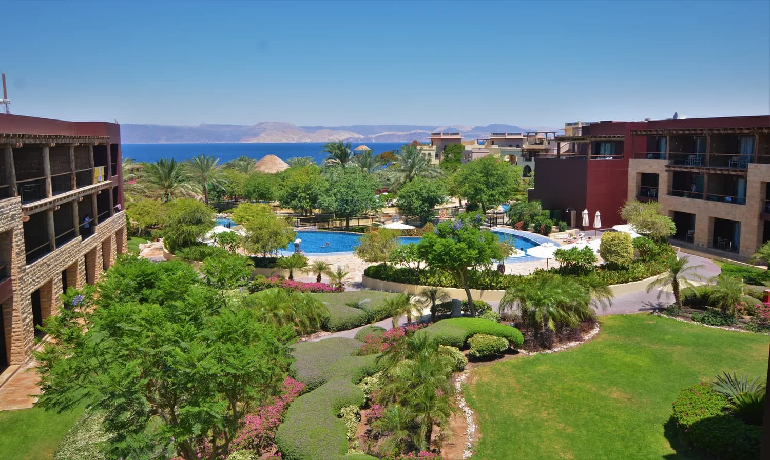 Resort gardens beside the Red Sea in Aqaba, Jordan