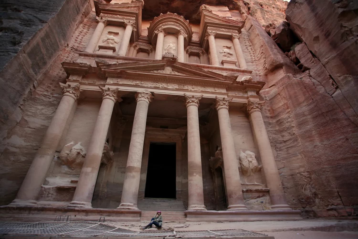 Detailed view of the Treasury facade in Petra, Jordan