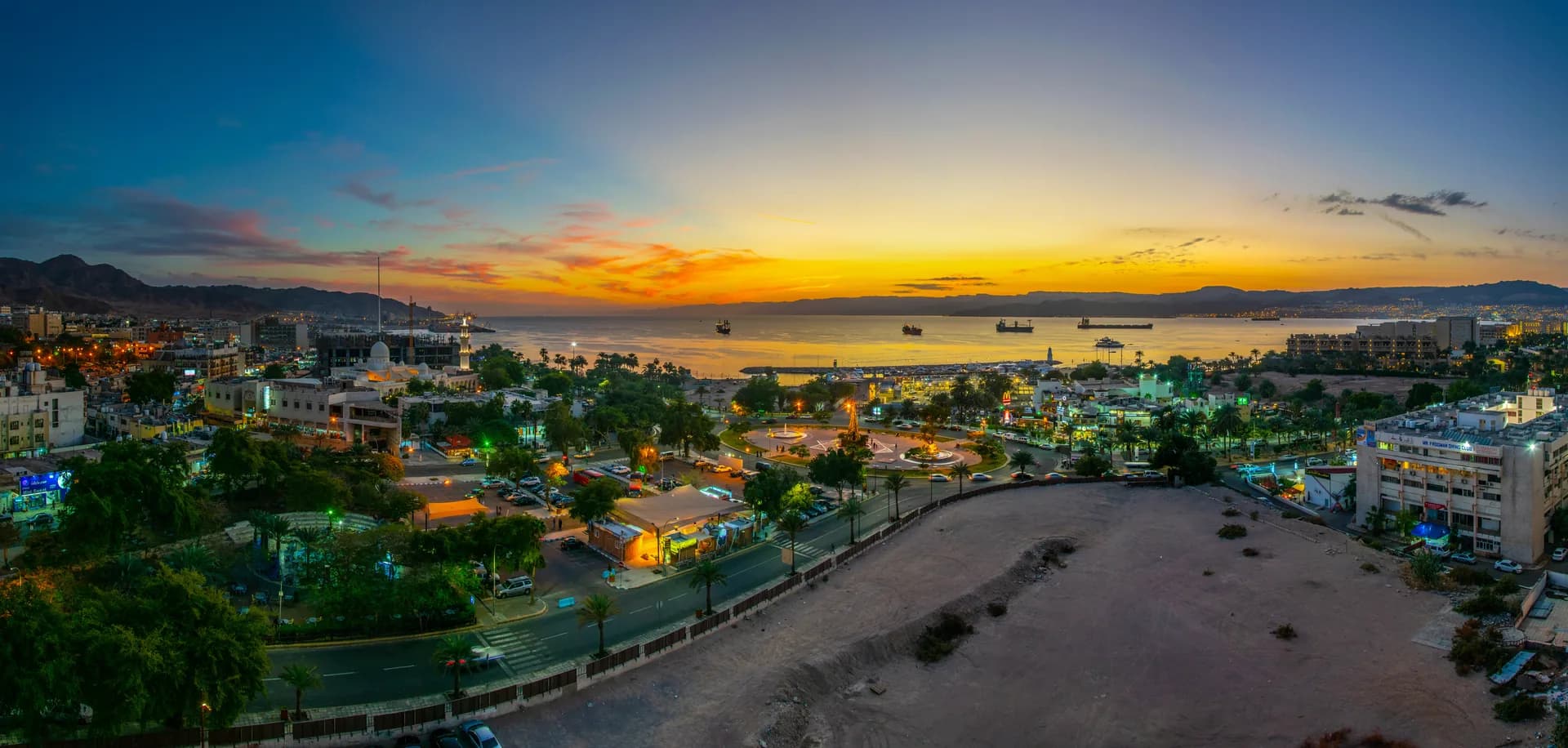 Aqaba city and the Red Sea at sunset in Jordan